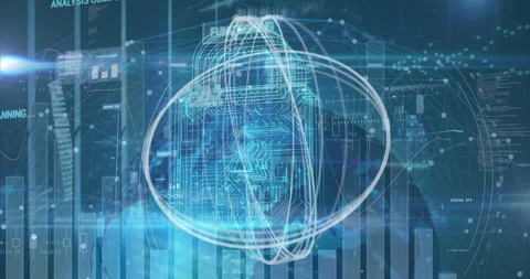 Lock icon emerging triggers rings orbiting and charts fading while beam sweeping Stock Footage 311663175