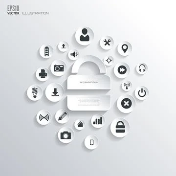 Lock icon. Flat abstract background with web icons. Interface symbols. Cloud Stock Illustration