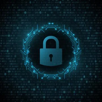 Lock icon in frame of circuit computer board with glowing binary code backgro Stock Illustration