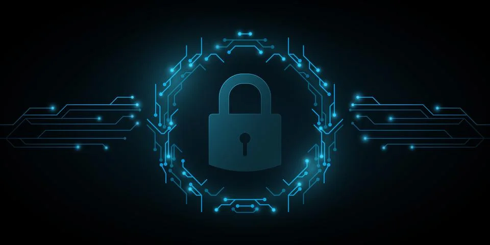 Lock icon in frame of circuit computer board. System software security and pr Stock Illustration