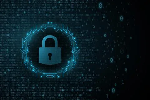 Lock icon in frame of circuit computer board with glowing software binary cod Stock Illustration