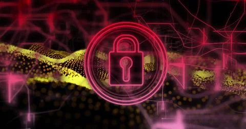 Lock icon image over digital network and data visualization background Stock Illustration