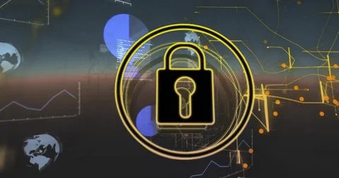 Lock icon image over digital data and world map background Stock Photos