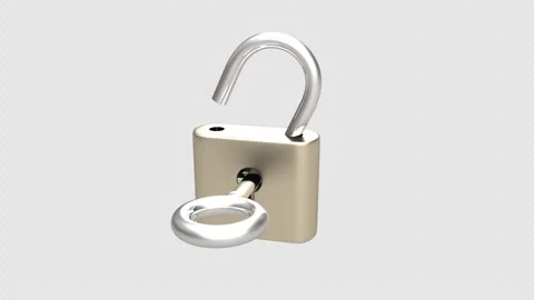 Lock icon opening using a key concept 3d animation video with alpha channel Stock Footage 302970601