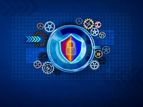 Lock icon on shield, digital padlock on round chrome with many gears. Stock Illustration