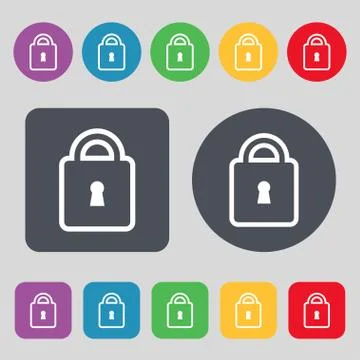 Lock icon sign. A set of 12 colored buttons. Flat design. Vector Stock Illustration