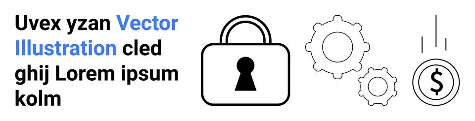 Lock icon symbolizing security next to two gears indicating system functional Stock Illustration