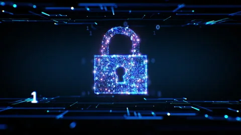 Lock Icon in Virtual Space Made of Data Code and Lines. Digital Lock from Stock Footage 247328589