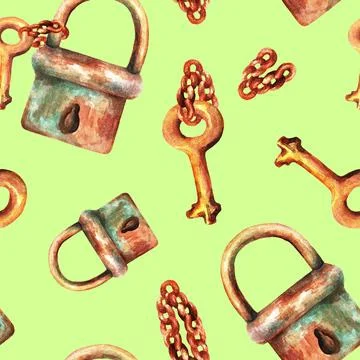 Lock with a key on a chain. Seamless pattern. Watercolor Stock Illustration