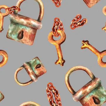 Lock with a key on a chain. Seamless pattern. Watercolor Stock Illustration