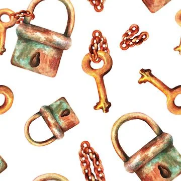 Lock with a key on a chain. Seamless pattern. Watercolor Stock Illustration