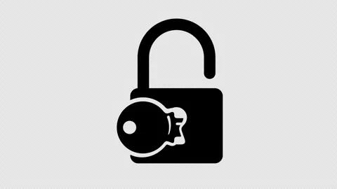 A lock with a key, closed and then opened, graphic animation. Black Stock Footage 297498839