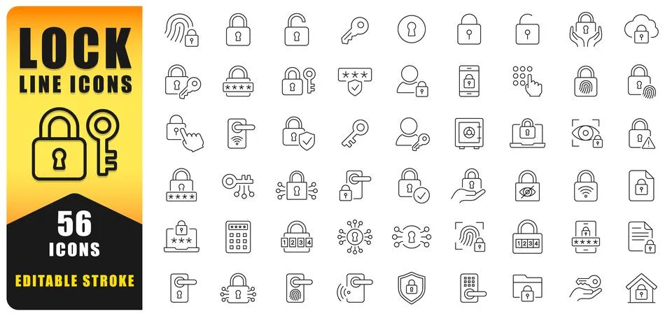 Lock key editable stroke line icon set vector pixta Stock Illustration