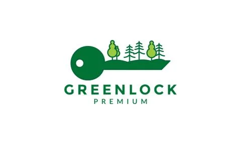 Lock key with green hill with tree logo icon illustration design Stock Illustration