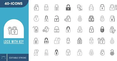 Lock with Key Icons Set – Editable Vector Stock Illustration