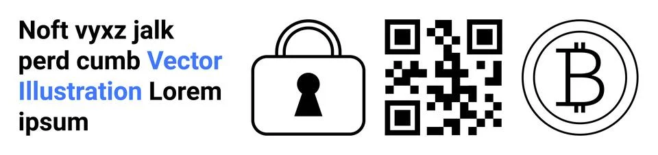 Lock with keyhole icon, rectangular QR code, and Bitcoin coin illustration be Illustrazione stock