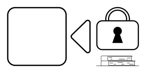 Lock with keyhole, play button, empty square, and stack of books illustrating Stock Illustration