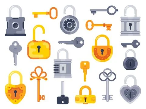 Lock with keys. Golden key, access padlock and closed safe padlocks isolate.. Stock Illustration