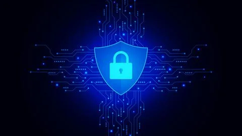 Lock mark with digital padlock, shield and futuristic circuit board 库存插图