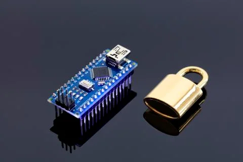 Lock near the computer chip - the concept of electronic data security technol Stock Photos