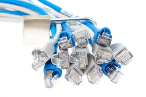 Lock in network cable. On white background. Stock Photos