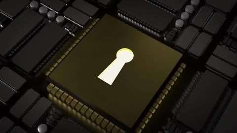 The Lock on pcb Board for technology security concept 3d rendering. Stock Photos