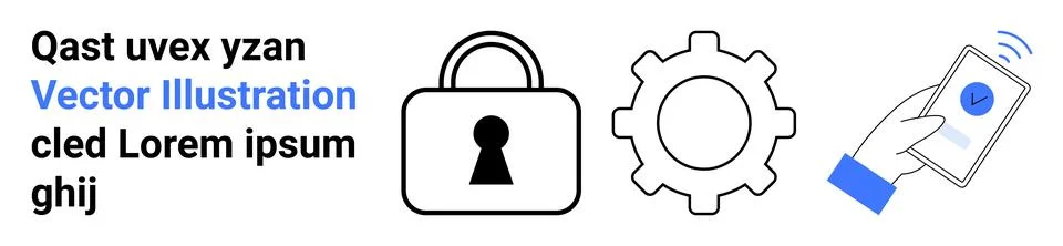 Lock representing security, gear symbolizing operations, and smartphone with  Stock Illustration