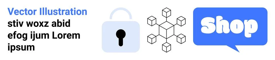Lock for security, blockchain structure, and speech bubble with shop text in  Stock Illustration