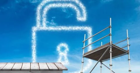 Lock security cloud with  3D Scaffolding and wooden shelf Stock Illustration
