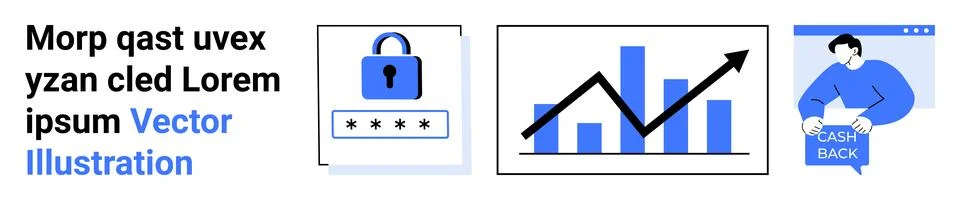 Lock with a security code, rising bar chart with an arrow, person with cashba Stockillustratie