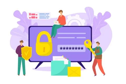 Lock security by password key in computer, web internet protection for flat Illustrazione stock