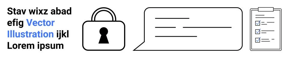 Lock, speech bubble with text lines, and checklist on clipboard representin.. 库存插图