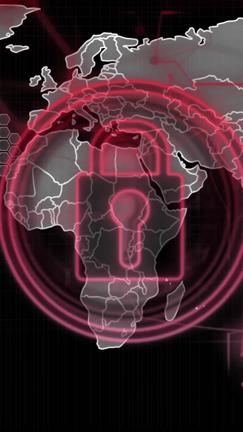 Lock symbol and global map with hexagonal patterns, cybersecurity animation Stock Footage 342015756
