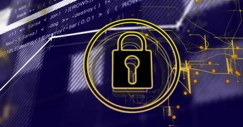 Lock symbol and security code image over abstract digital background Stock Photos