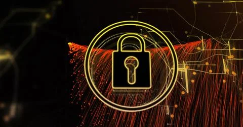 Lock symbol with circular lines, data security image over abstract digital Illustrazione stock