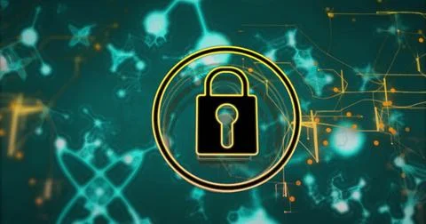 Lock symbol image over abstract digital background with molecular structures Illustrazione stock