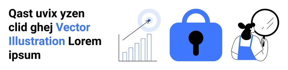 Lock symbol, productivity chart with target arrow, and developer examining co Stock Illustration