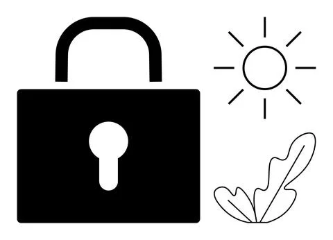 Lock Symbol with Sun and Leaf for Security, Nature, Protection, and Sustain.. 스톡 일러스트