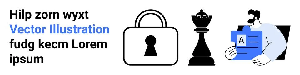 Lock symbolizing security, chess piece representing strategy, office worker w Stock Illustration