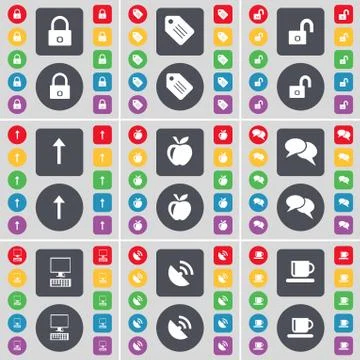Lock, Tag, Arrow up, Apple, Chat, Monitor, Satellite dish, Cup icon symbol. A la Stock Illustration