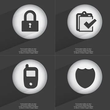 Lock, Task completed, Mobile phone, Badge icon sign. Set of buttons with a flat Stock Illustration