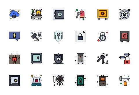 Lock Vector Icon Arsenal with 24 128x128 Flat Line Filled Editable designs Stock Illustration