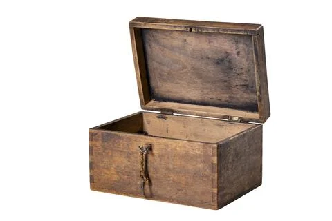 Lockable old wooden box. Container for storing small items with an open lid. Stock Photos