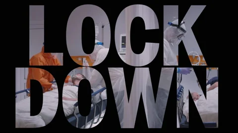 LOCKDOWN 2D Text With Footage From Quarantine Hospital Room In The Background Stock Footage 142364424
