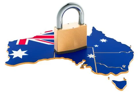 Lockdown in Australia. Padlock with map, border protection concept. 3D render Stock Illustration