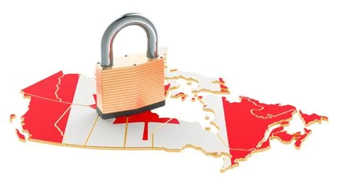 Lockdown in Canada. Padlock with map, border protection concept. 3D rendering Stock Illustration