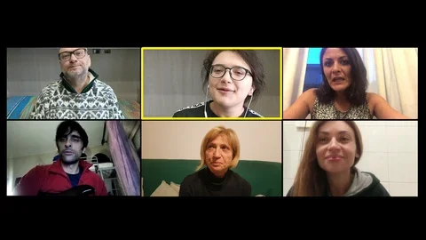 Lockdown, corona virus. A group of friends talking by zoom about restrictions  스톡 동영상 129393293