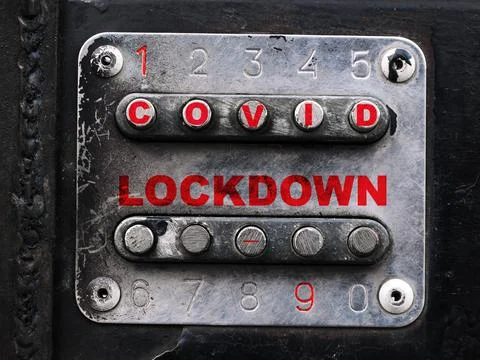 Lockdown covid 19  concept. Coded lock,  covid warning label, lockdown, entrance Stock Photos