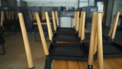 Lockdown. An empty café without customers. Rows of chairs. 스톡 동영상 147754077