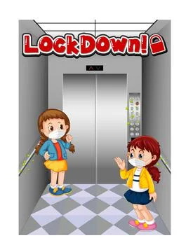 Lockdown font design with people keeping distance in the elevator Stock Illustration